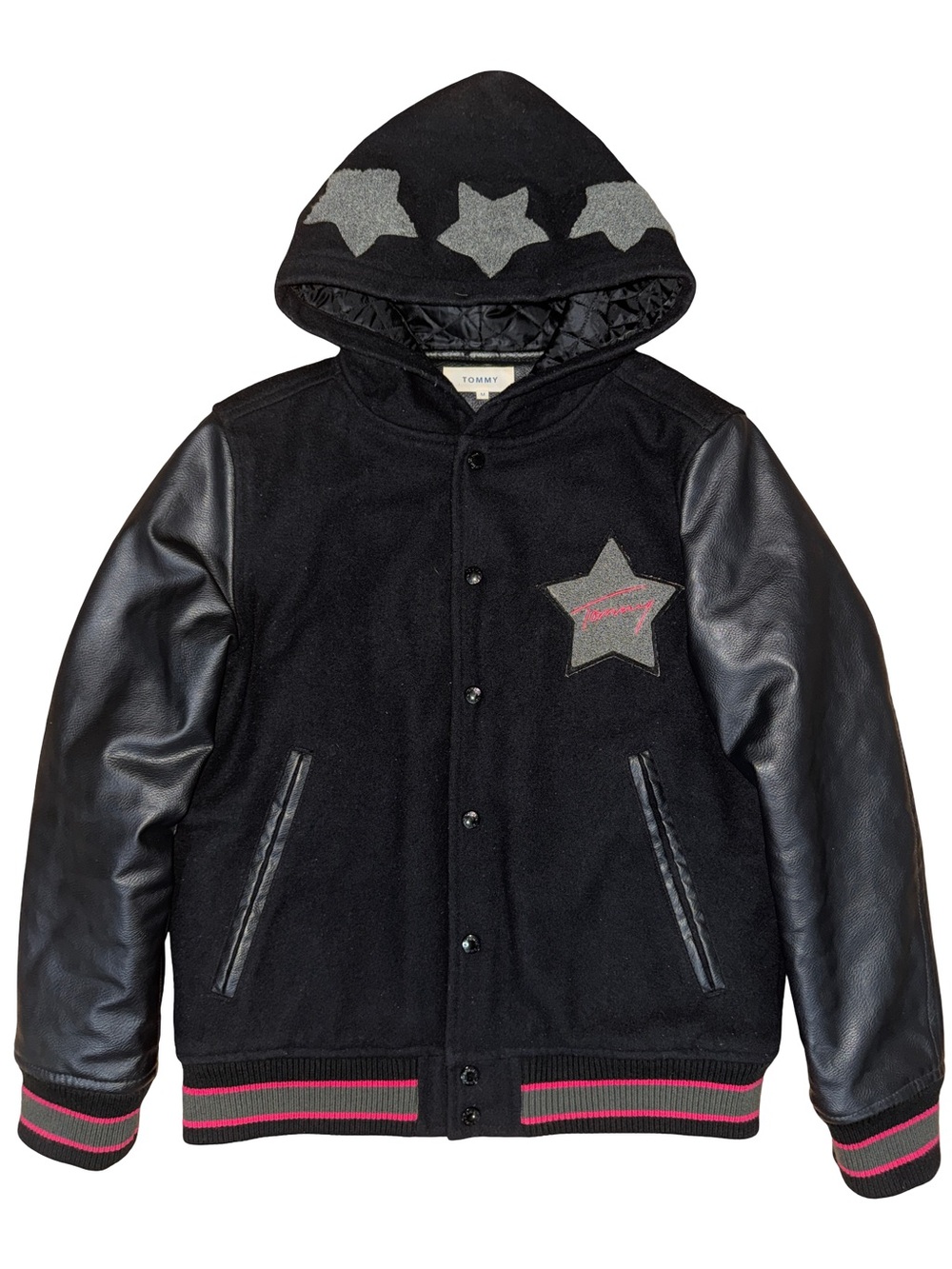 Tommy Hilfiger Black Hooded Varsity Jacket with Star Patches